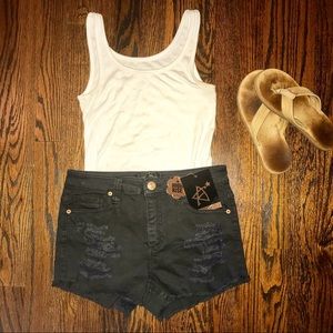NWT • Black High Waisted Distressed Denim Shorts